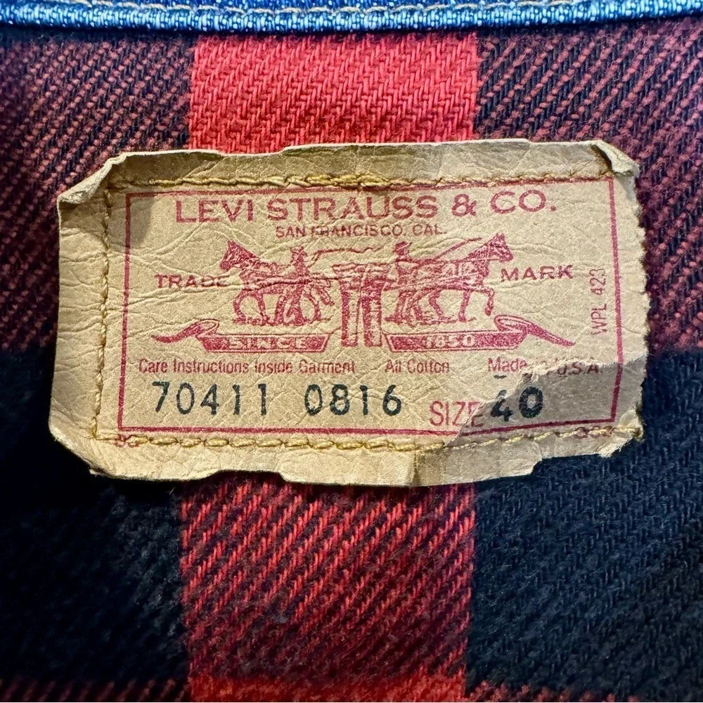 Vintage Levi's Buffalo Plaid Flannel-lined‎ Denim Trucker Jacket 80s Men's S / M
